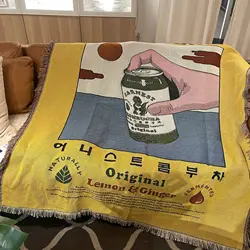 Kombucha Lemon Ginger Throw Blanket Retro Beverage Art Woven Tapestry with Fringe Funny Korean Style Drink Decorative Throw