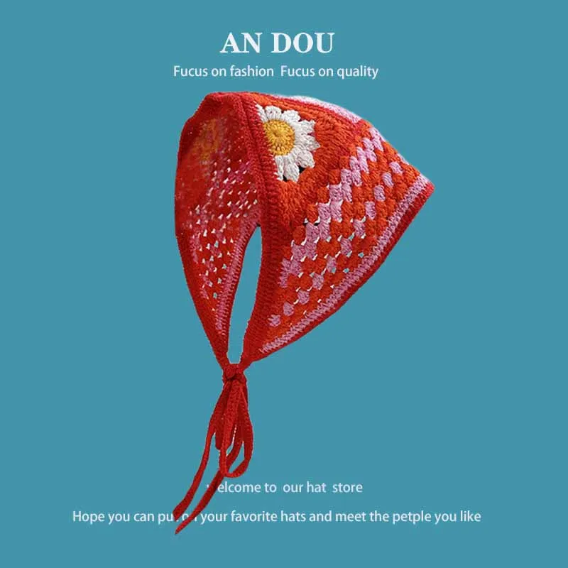 Dopamine Color Knitted Hollow Hair Scarf for Women Spring and Summer Travel Pastoral Style Versatile Sweet Triangle Towel