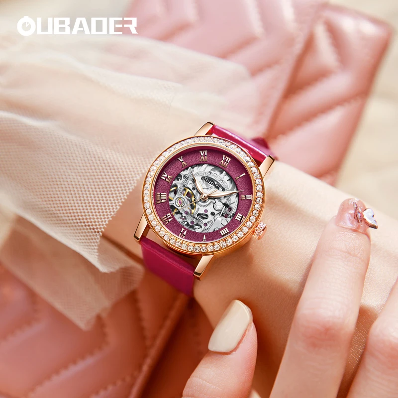 

OUBAOER New Fashion Luxury Womens Watch Ladies Automatic Mechanical Skeleton Leather Band Diamond Wristwatches Montre Femme Gift