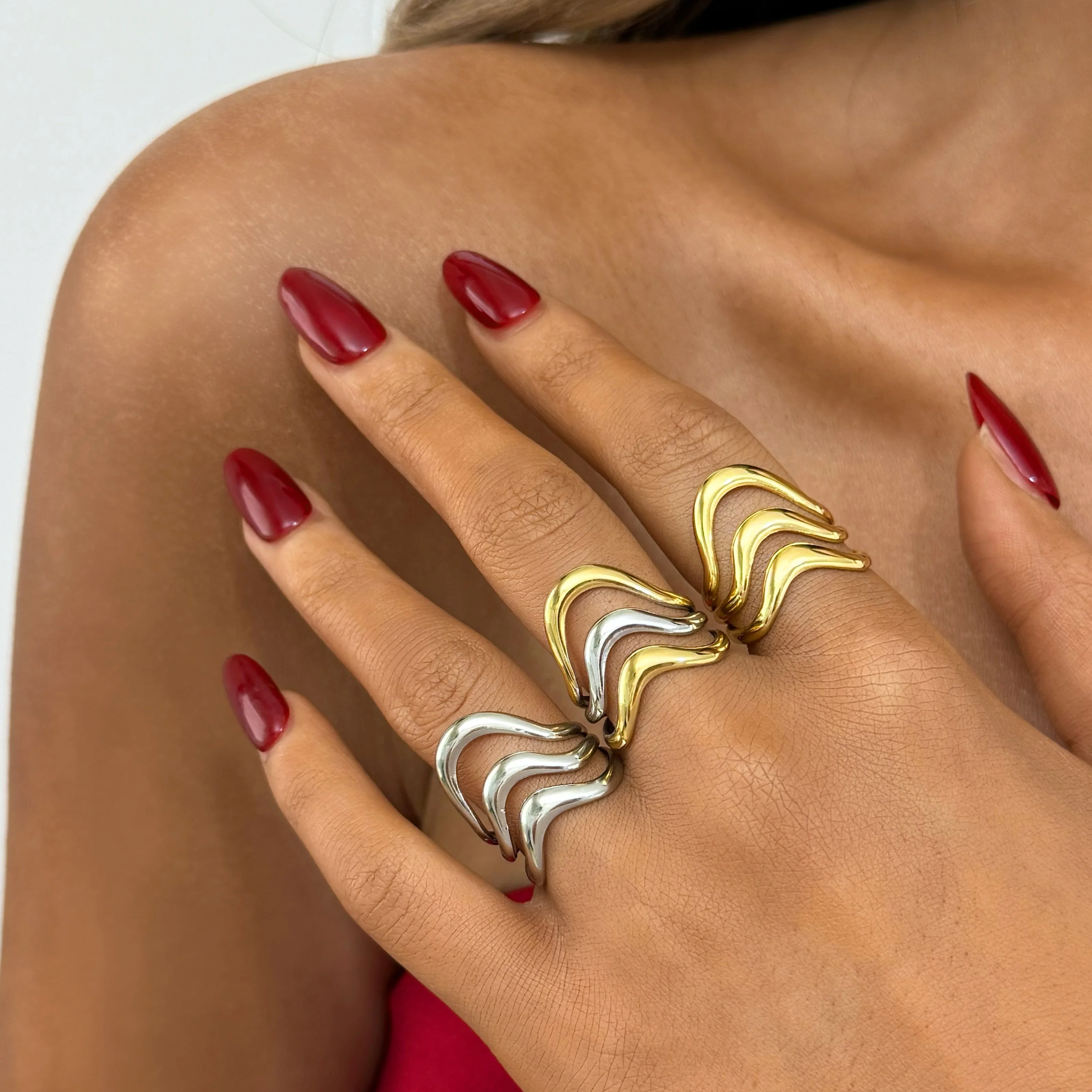 Anéis geométricos lineares minimalistas de dois tons, aço inoxidável, oco, irregular, empilhável, acessórios femininos, presente de festa