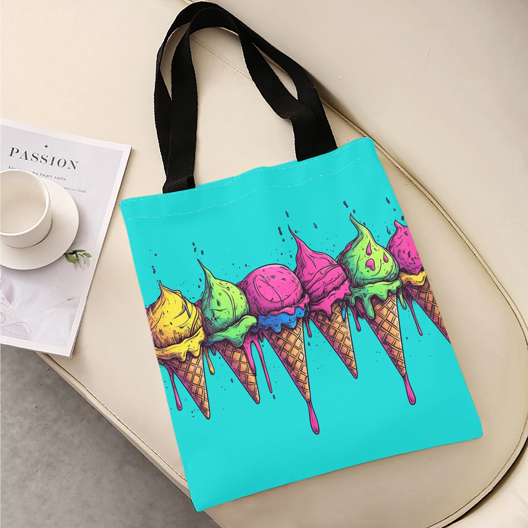 Colorful Dripping Ice Cream Cone Print Cyan Tote Bag With Black Handles Large Shoulder Handbag For Shopping Daily Commute