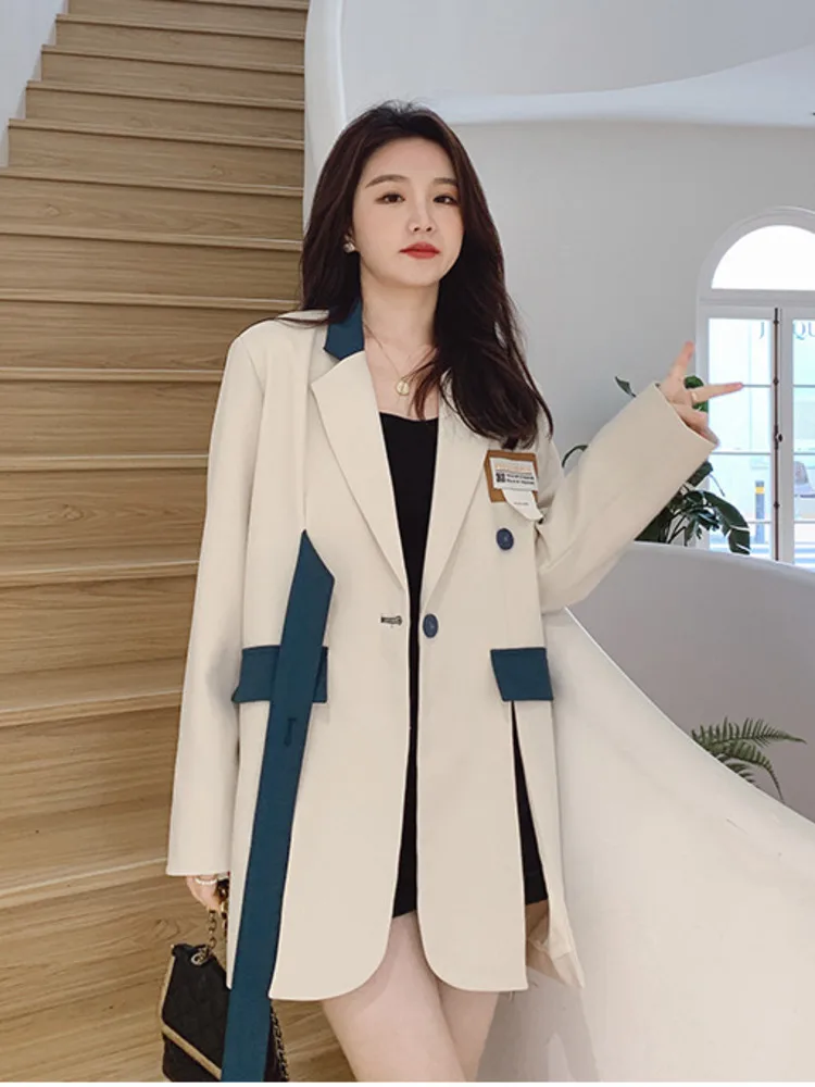 LANMREM Color Block Patchwork Blazer Notched Collar Long Sleeve Loose Asymmetrical Casual Coat Fashion Female 2024 Spring 2N691