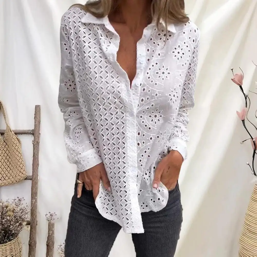 Damesshirt Elegant Holle Bloemenpatroon Revershirt Voor Dames Met Lange Mouwen Effen Kleur Werkkleding Top Met Enkele Rij Knopen