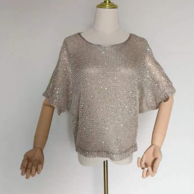 Shiny Sequin pullovers Women short Sleeve Pullover tops women Golden Basic Shirt Sequin Knit Tops