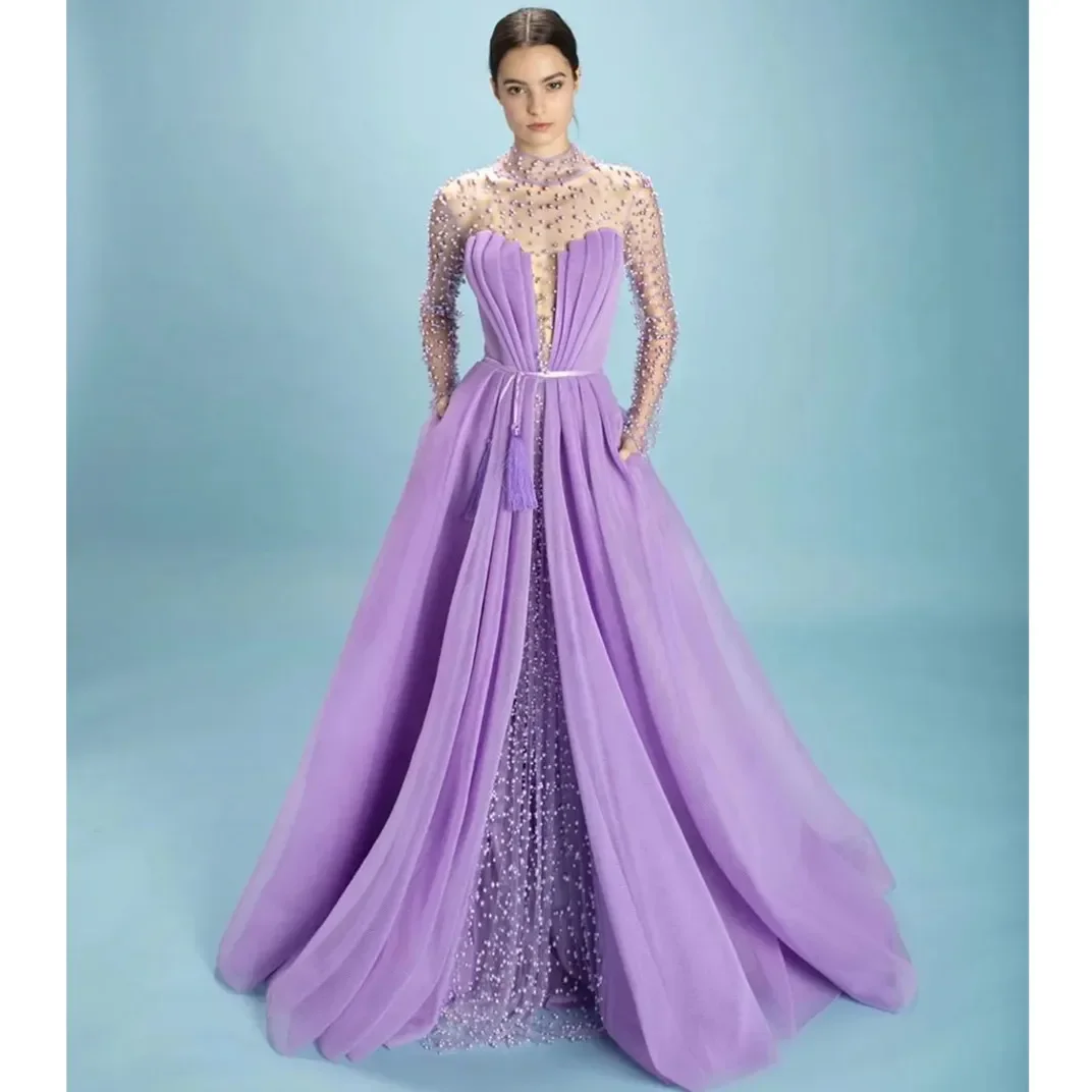 

Elegant Purple A-LINE Women Evening Formal Wedding Dress Sheer Neck Pearls Beads Sleeves Pageant Prom Gowns