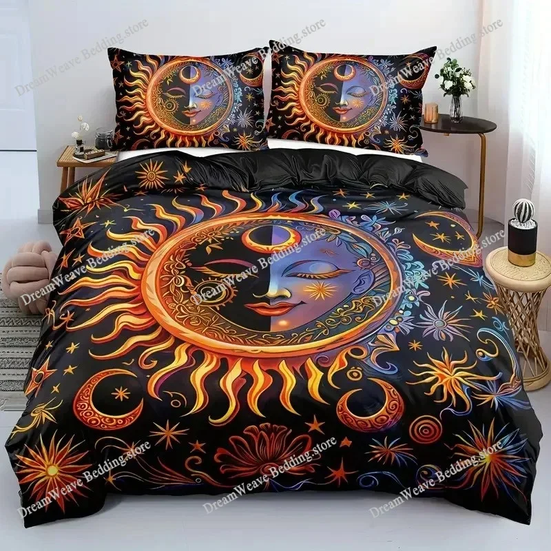 Bedding Decor Boho Sun and Moon Duvet Cover Set Black White Floral Bedding Set Bohemian Exotic Comforter Covers Queen Bedroom De