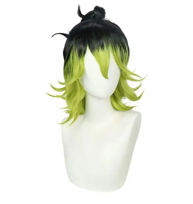 14 inch Medium Length Black to Green Ombre Flip Wavy Cosplay Wig with Bangs for Halloween Christmas School