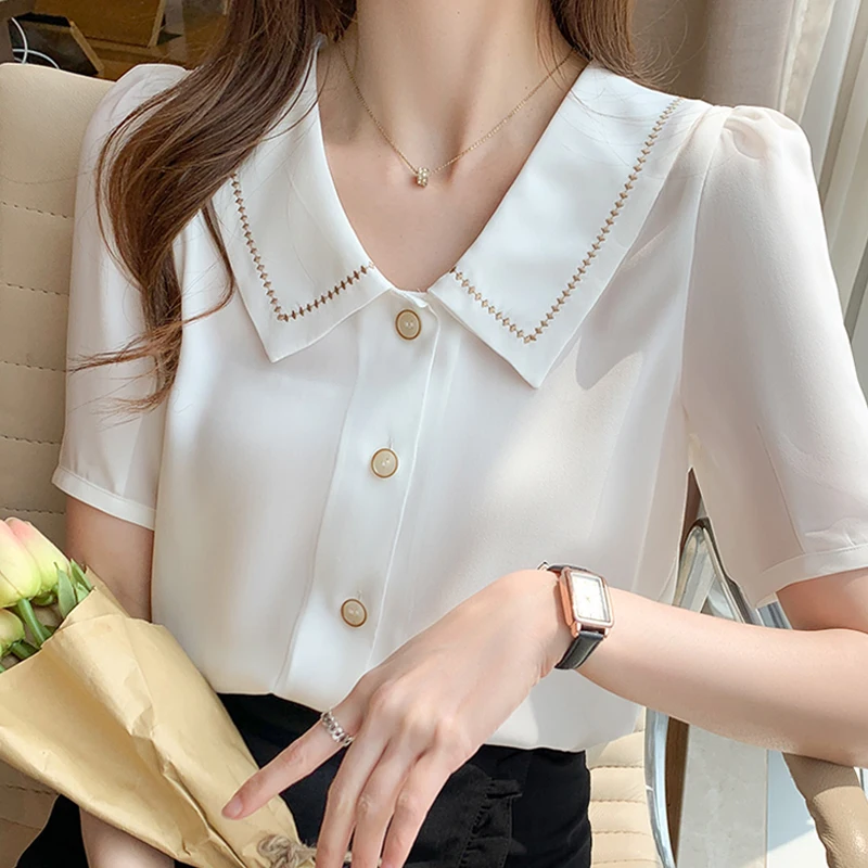 Blusas Blouses Femme Tops Women Turn Down Collar Blouse Women 2024Summer White Blouse Short Sleeve Chiffon Blouse Shirt E778