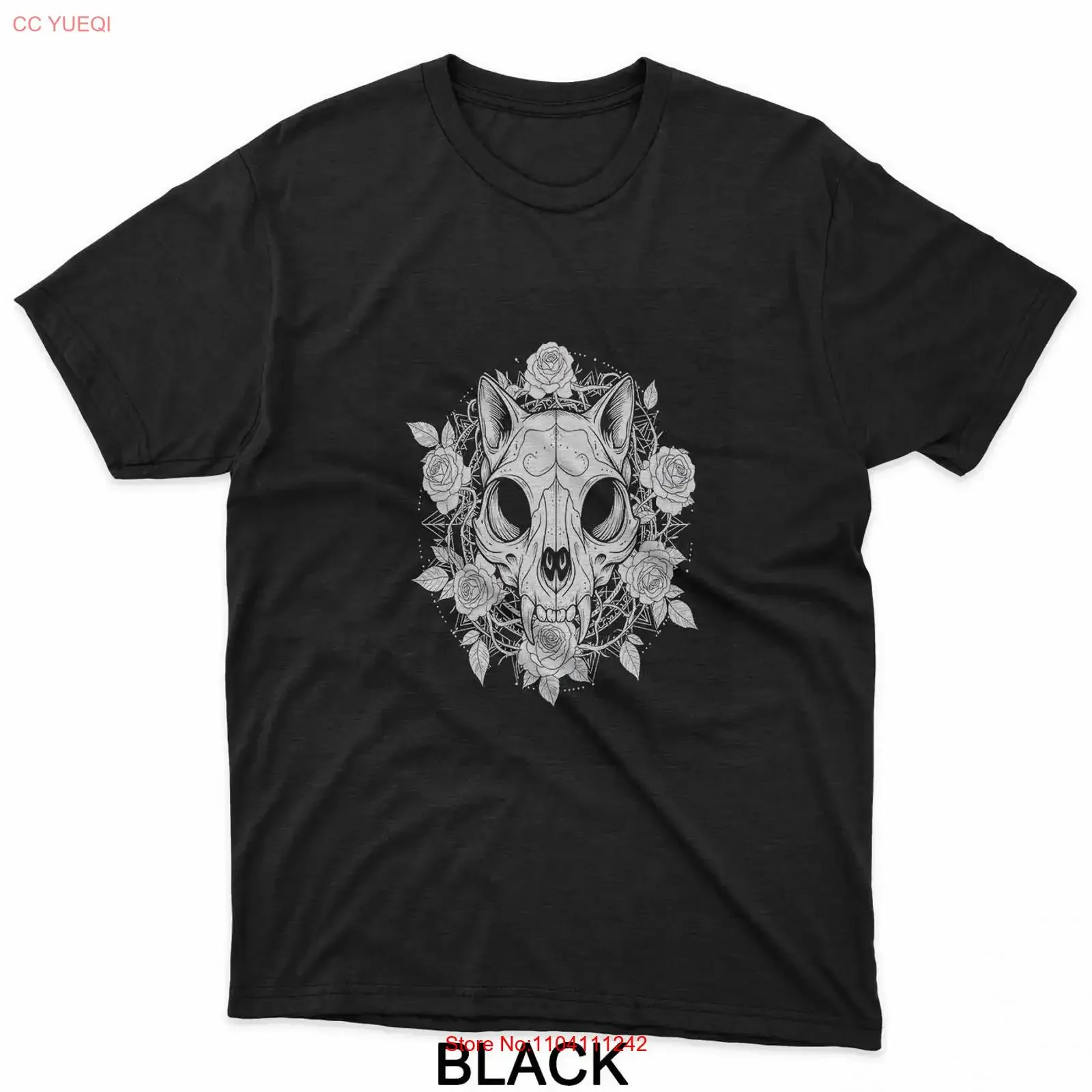 Cat Skull Mandala Gothic Sacred Geometry Feline Design T Shirt vintage Washed Top For Everyday Wear Versatile fashion