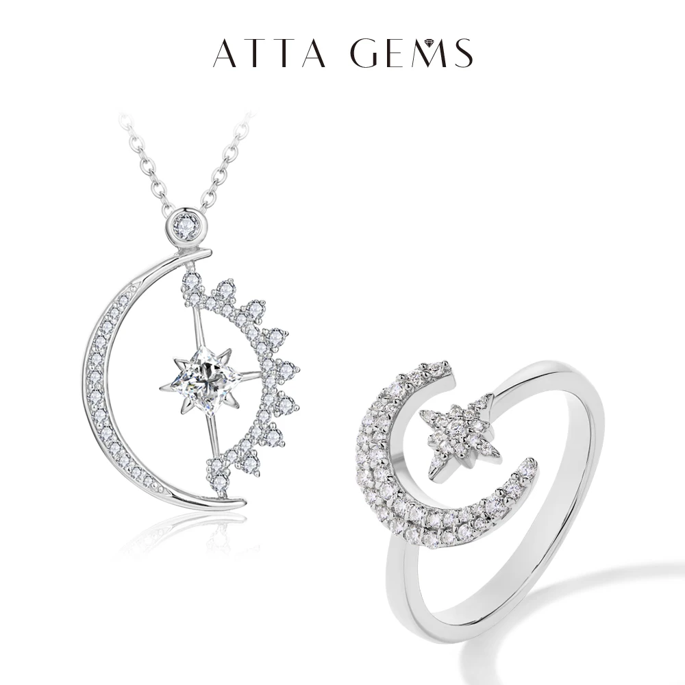 

ATTAGEMS Elegant Moon Stars Moissanite Jewelry Set for Women D Color Necklace VVS1 Diamond Rings S925 Sterling Silver Pass Test