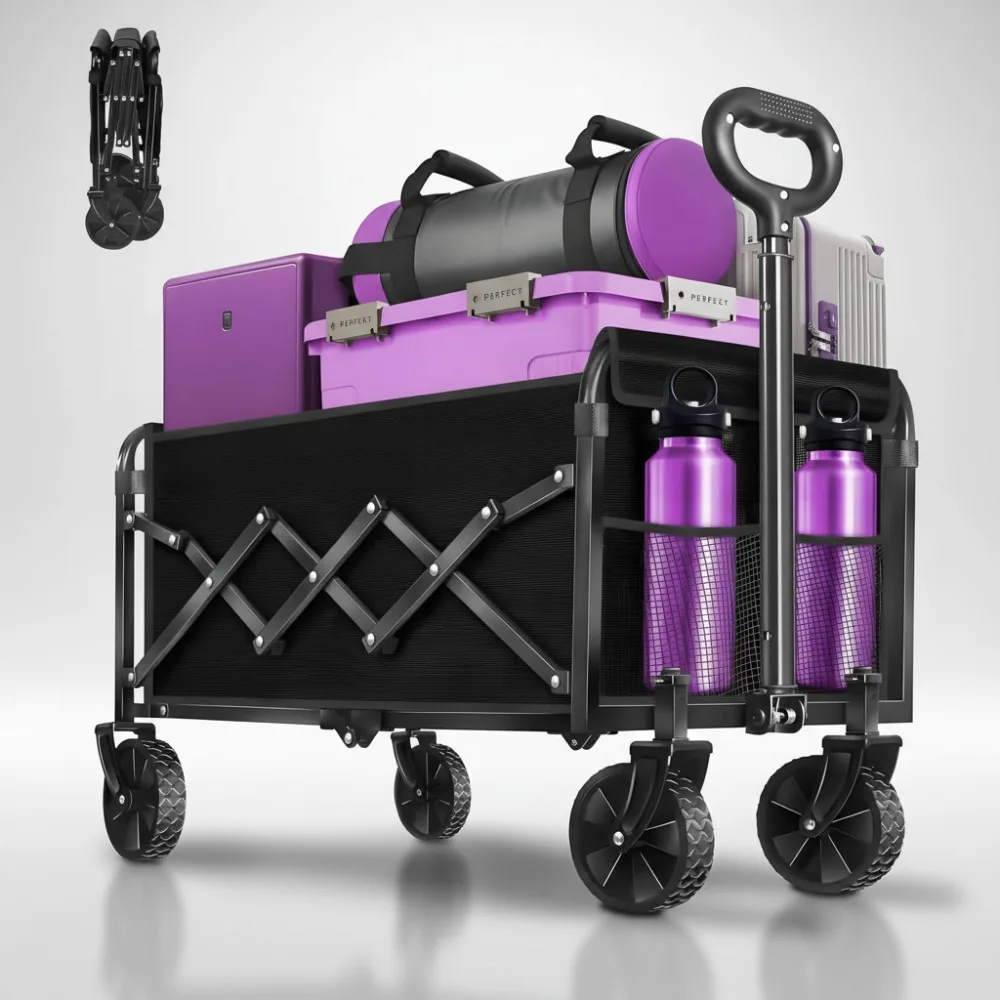 

Foldable Wagon Cart 360LBS Capacity Collapsible Utility Cart with Wheels & Drink Holders for Outdoor Camping Beach Shopping
