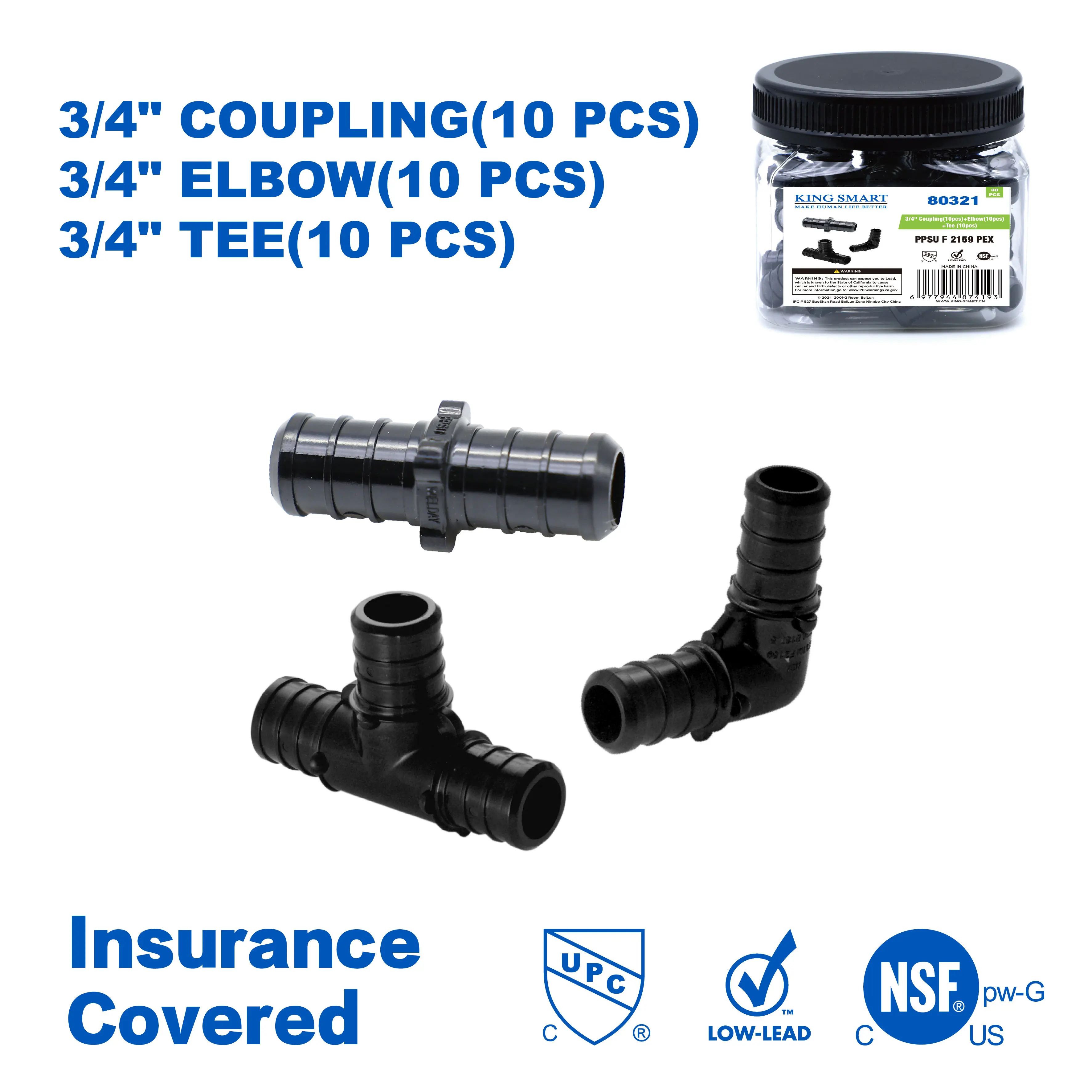 

KING SMART Crimp/F2159 Комплект PEX Тройник 3/4 дюйма (10 шт.), муфта 3/4 дюйма (10 шт.), колено 3/4 дюйма (10 шт); PPSU; 30 шт./корпус; 80321