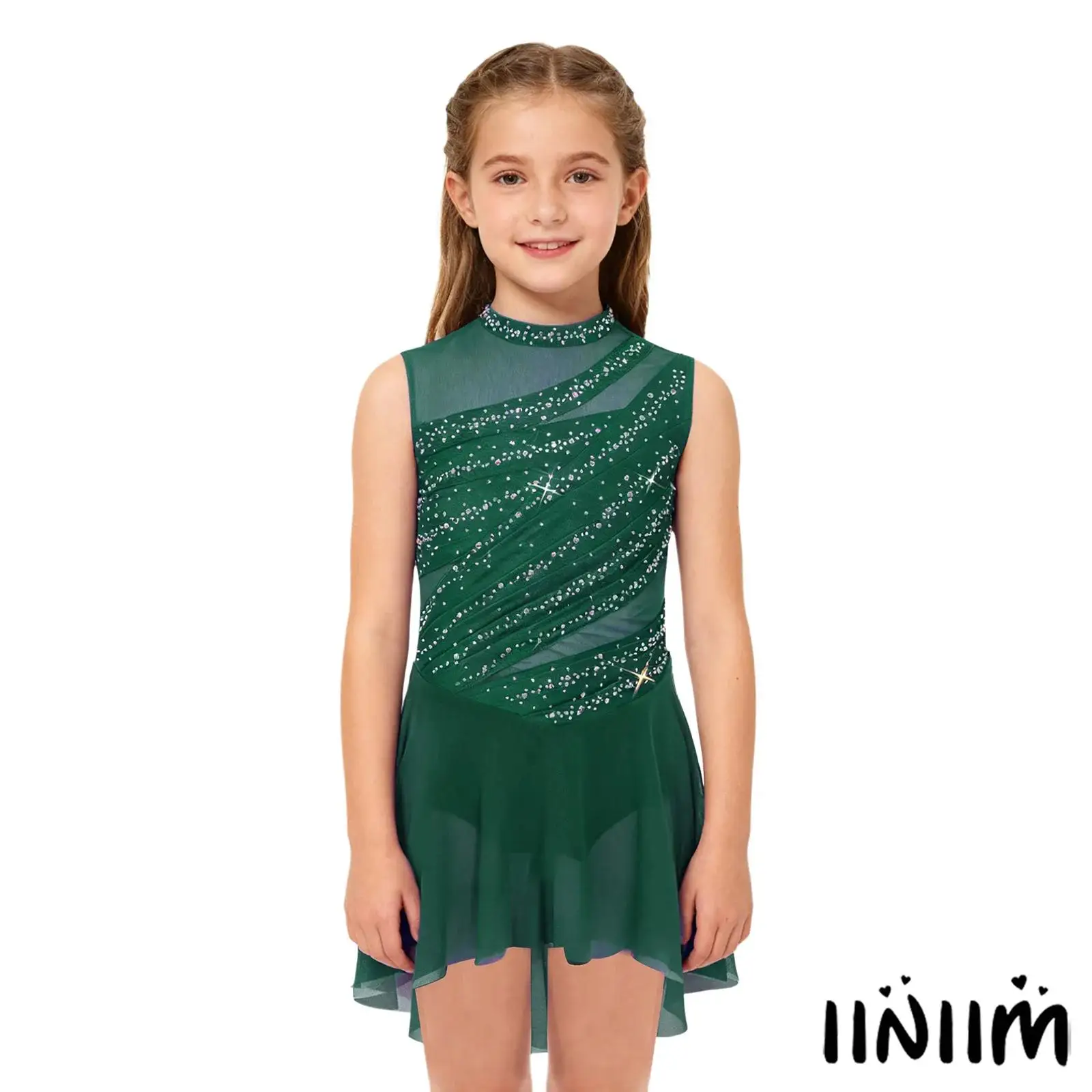 

Kids Girls Lyrical Ballet Dance Outfit Sleeveless Sheer Mesh Patchwork Shiny Rhinestone Leotard Dress Tango Lyrical Dancewear