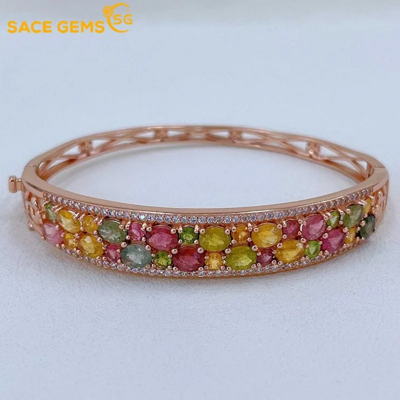 

SACE GEMS New Certified 4*5mm Natural Tourmaline Bracelets 925 Sterling Silver 18.5cm for Women Engagement Party Fine Jewelry