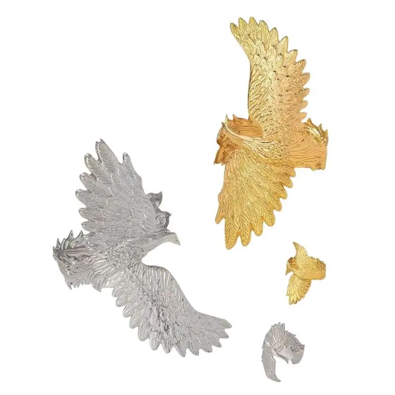 2Pcs Exquisite Gold Phoenix Cuff Bracelet Ring Set Adjustable Carved Jewelry for Women Prom Wedding Guest Accessory