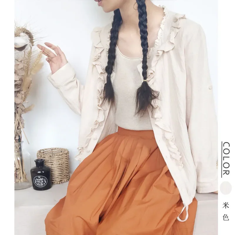

Beige Boho Ruffle Trim Cotton Blouse Women Loose Fit Long Sleeve Shirt Lightweight Casual Outdoor Top