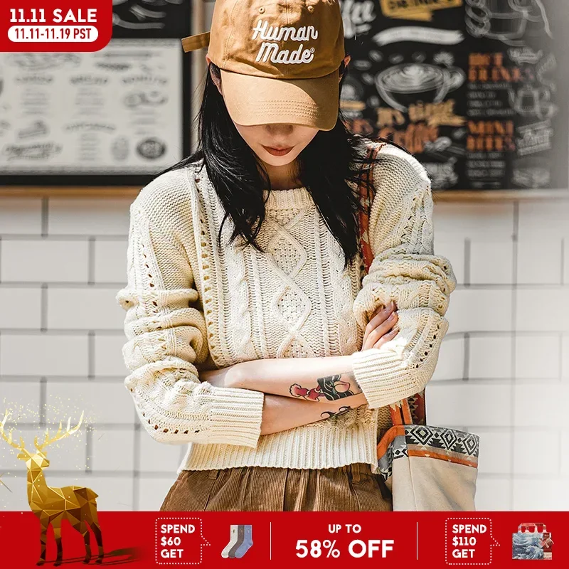 

MADEN Женский свитер с вырезом 2024 осенне-зимний сезон длинные рукава укороченная вязаная одежда круглый воротник универсальный бежевый свитер с вытяжкой для надевания на голову