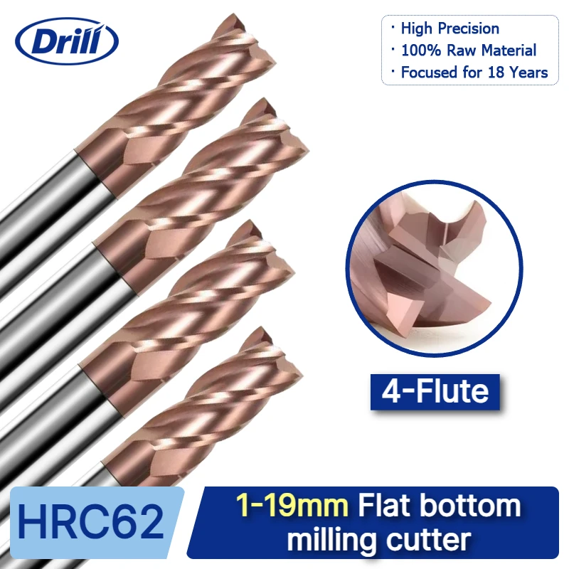 Premium HRC62 CNC Tungsten End Mill, 4-Flute Router Bit for Steel Machining, Shank 4/6/8/12mm