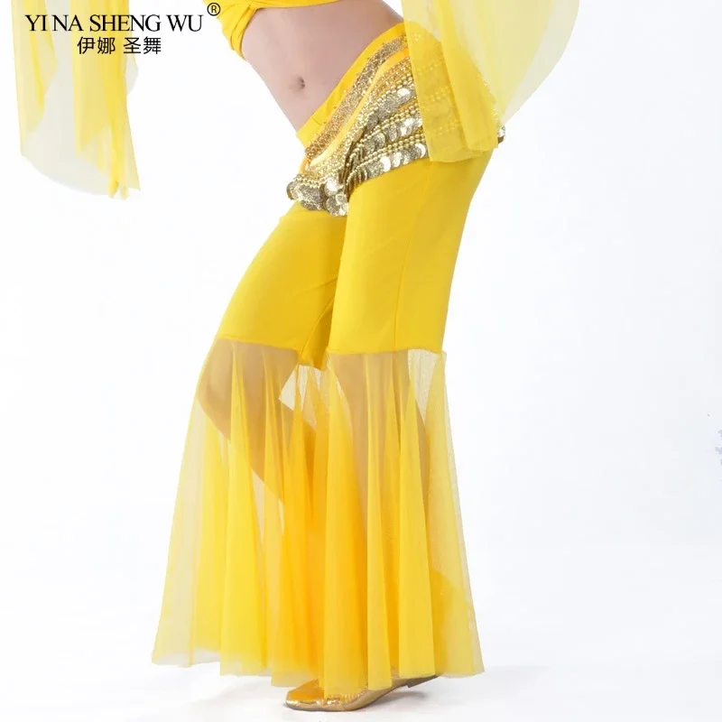 Dance Long Pants Belly Dance Costumes Pants Women Crystal Cotton Mesh Flares Tribal Belly Dance Performance Stage Dancer Pants