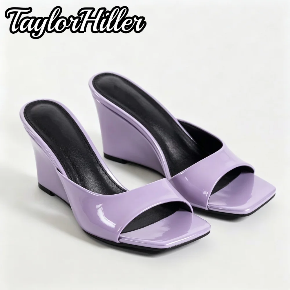 Women Square Toe Patent Leather Wedges Slide Mules Backless Slip‑On Wedge Heel Sandals Ladies Summer Daily Beach Outer Shoes New