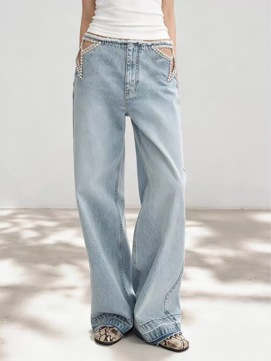 American Retro Star Ripped Jeans Women Two Hollow Out Denim Pants Casual Goth Streetwear Wide Leg High Waisted Y2k Baggy Jeans