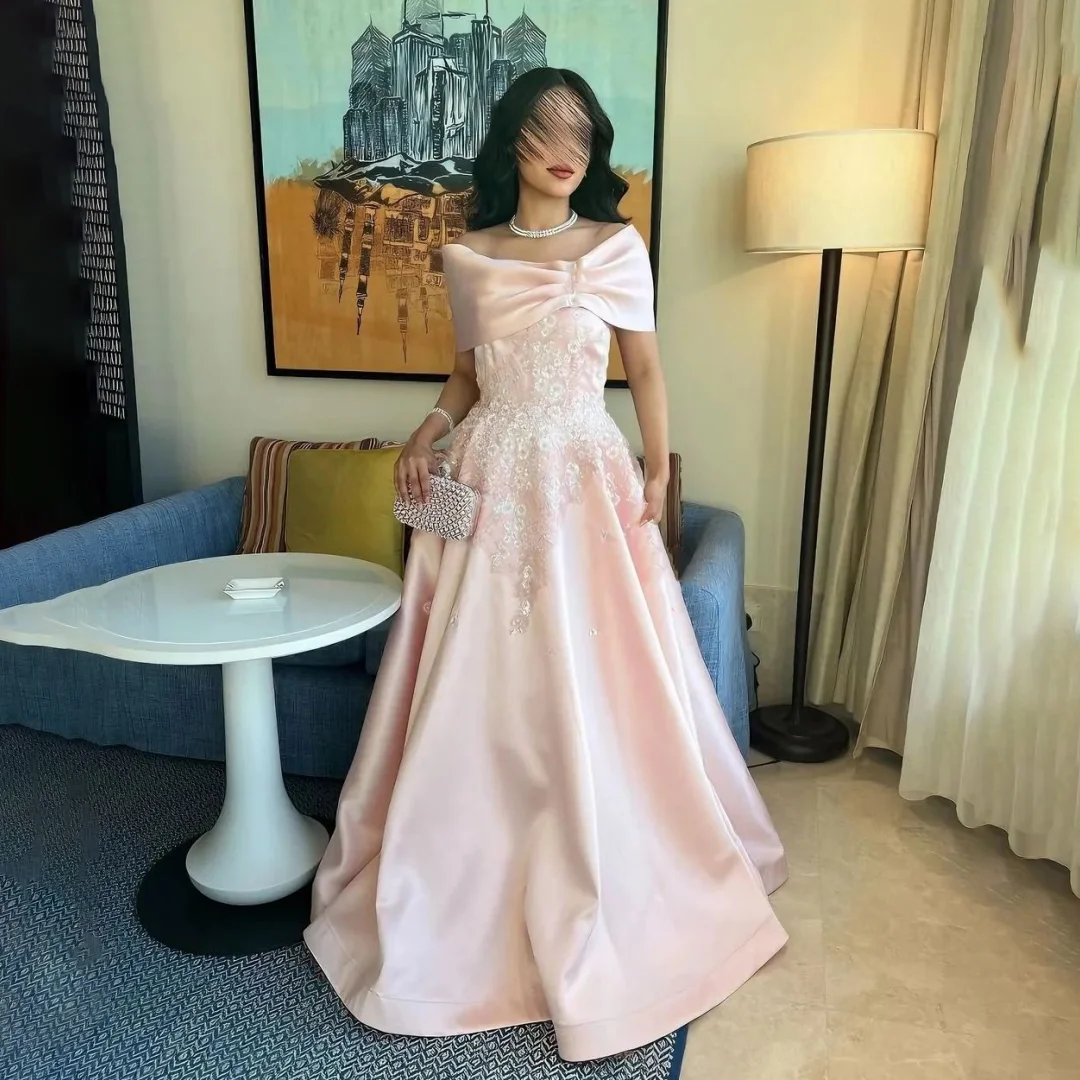 Saudi Arabia Pink Strapless Evening Dresses Satin A-line Appliques Sequins Ruched Off the Shoulder Formal Occasion Party Gowns