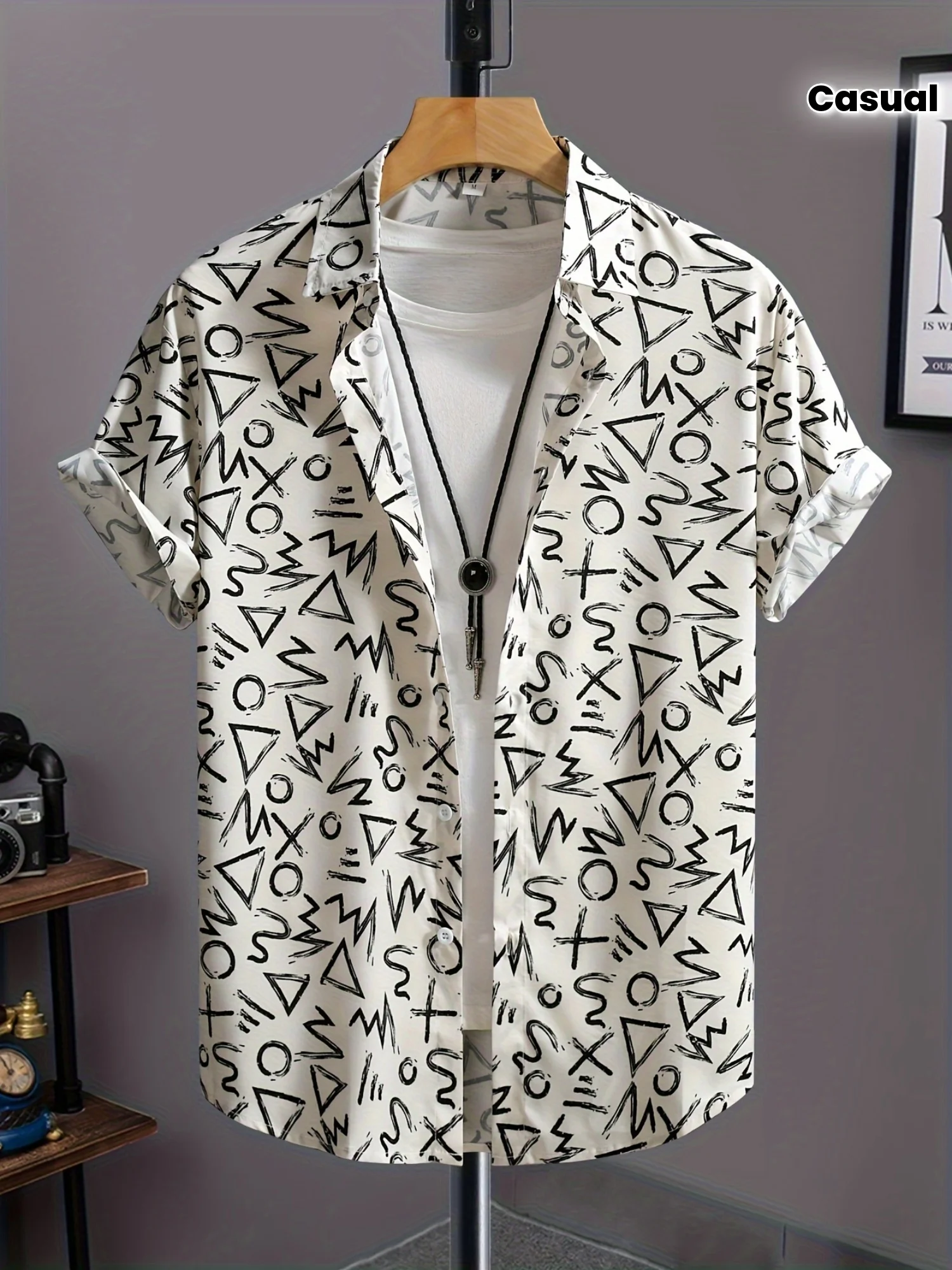 Men Short Sleeve Button Down Shirt Black Doodle Geometric Print Polyester Lapel Collar Casual Beach