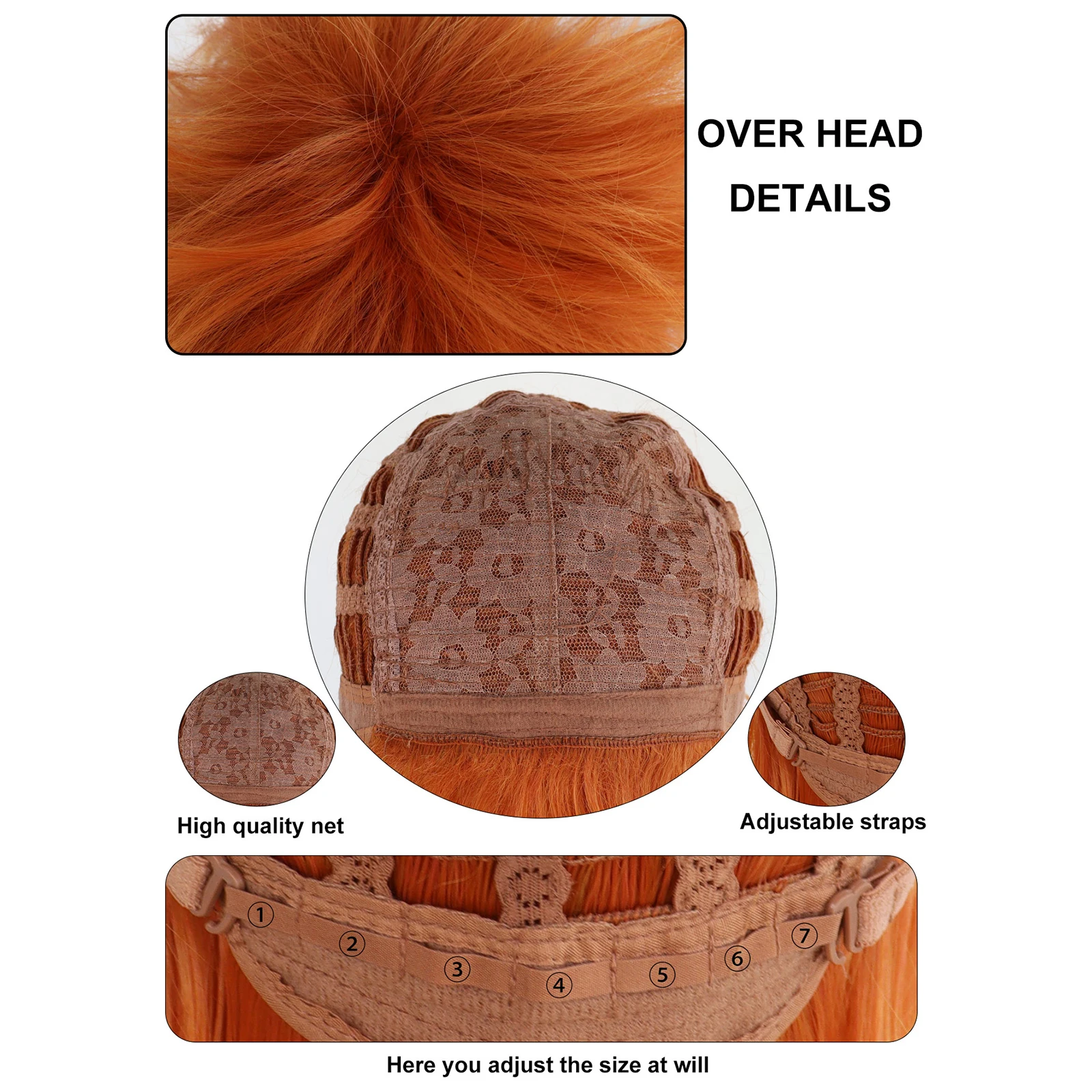 Synthetische kurze gerade orange Herren-Cosplay-Perücke mit Pony für Halloween, Erntedankfest, Weihnachten