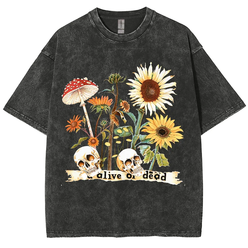 Women Cartoon T-Shirt Vintage Summer Sunflower Print Washed With Water Short Sleeve Tees Couple Streetwear Loose Clothes Tops