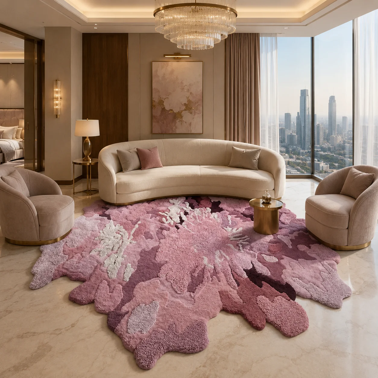 100% New Zealand Wool, Hand Tufted Area Rug, Irregular Shape Pink Carpet, Custom Design for Living Room, Hotel Decor