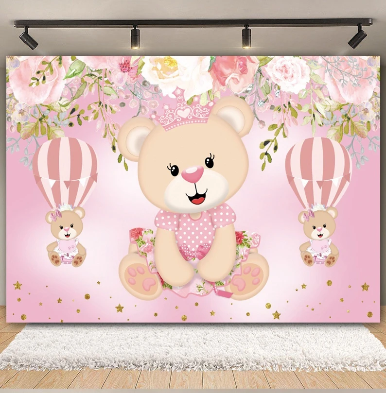 Bear Baby Shower Backdrop Photography Hot Air Balloon We Can Bearly Wait Girls Boys Birthday Photozone Background Photo Studio