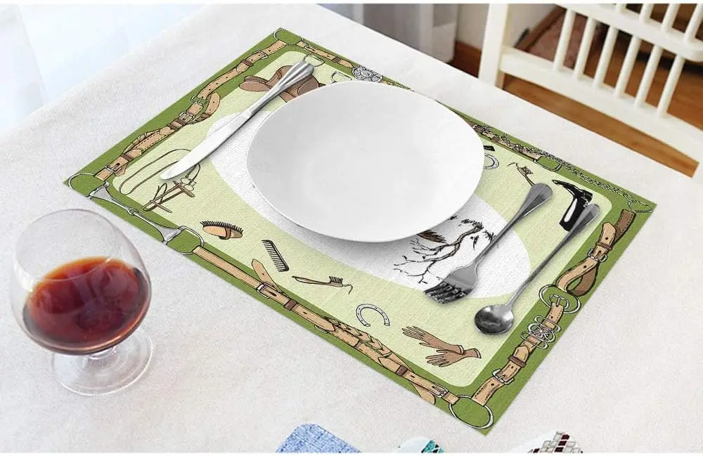 Farmhouse Place Mats 12x18 Inch Set of 4 Equestrian Sport with Horse Rider England Steeplechase Grass Tree Table Placemats