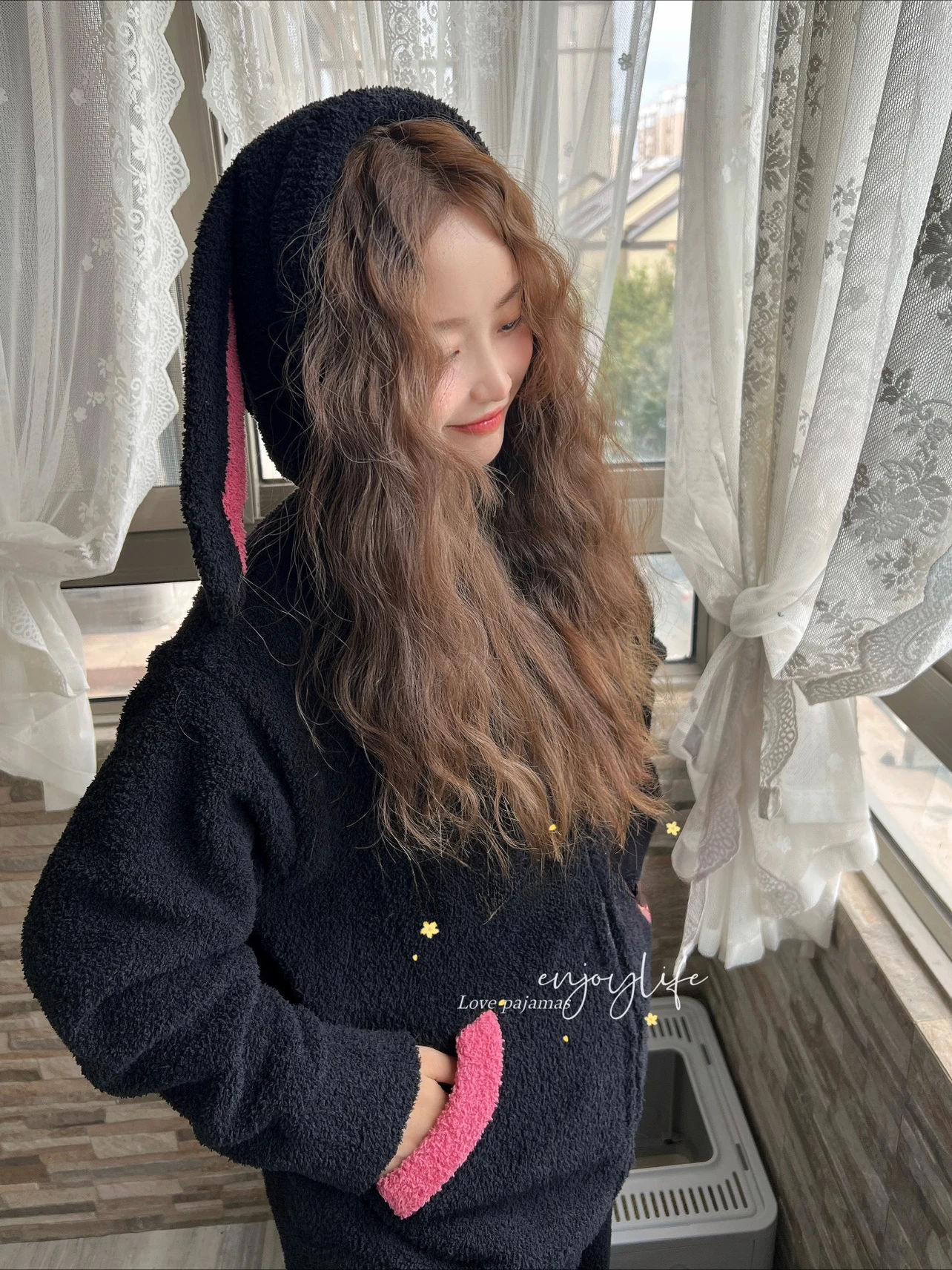 Soft Cute Rabbit Ears Pajama Hooded Thickened Contrast Color Warm Homewear Black Long Sleeve Zipper Loose Pajama Sets