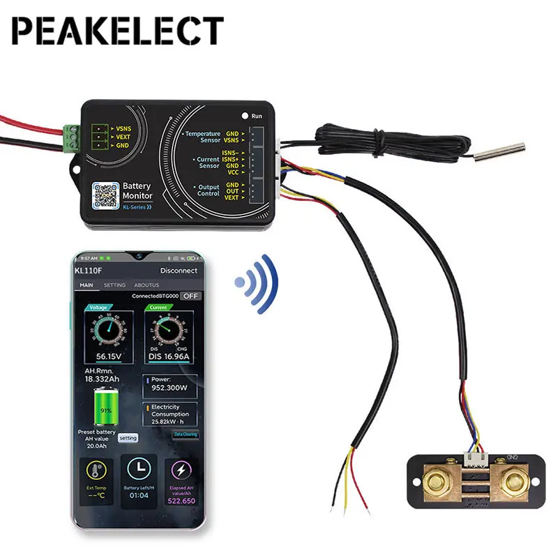 Peakelect KL140F High-precision Bluetooth Coulomb Counter Lithium Battery Car Capacity Detector for Motorhome 400A 120V