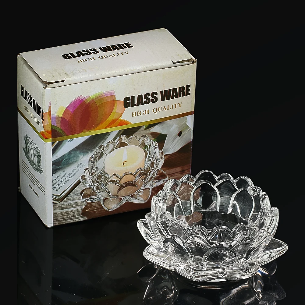 Glass Lotus Flower Ornament Tea Candle Holder Cup Candle Accessories for Room Decor Crystal Craft Car Ashtray Table Centerpieces