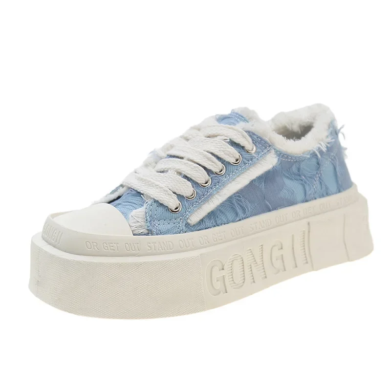 Canvas Shoes Women New Versatile Platform Square Toe White Shoes Beggar Casual Breathable Sneakers Popular Biscuit Shape Shoes