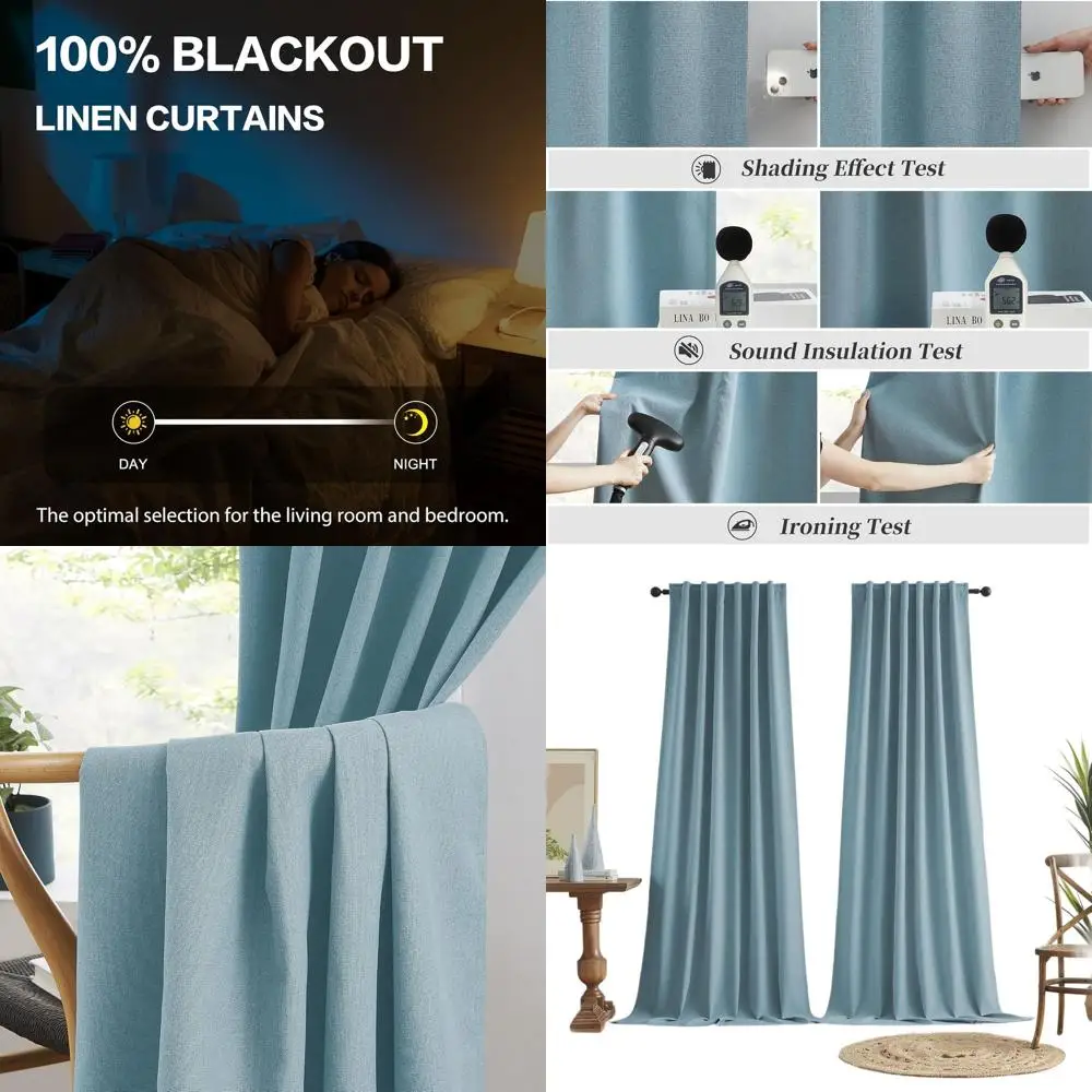 

108, плотные шторы в полный рост, ширина 50, синий, пыльно-каменный, текстурированный льна, крючок с задней панелью, плиссированный для больших окон, 2 панели