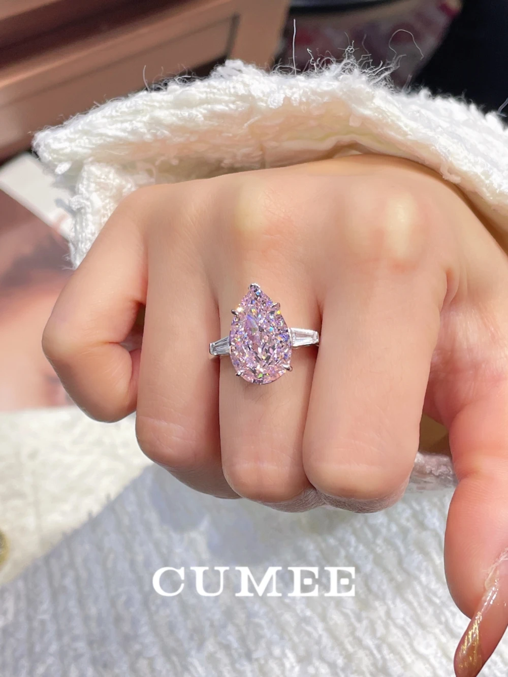 

CUMEE large carat Pear artificial pink diamond Ring earrings for Women. 925 silver gold-plated