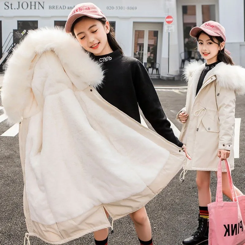 5-14 Years Teen Girls Winter Jacket Plus Velvet Warm Kids Windbreaker Coat For Girls Fur Collar Hooded Parkas Children Outerwear