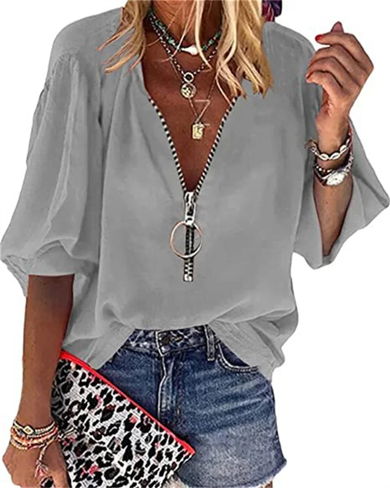 Spring Summer New Solid Color Lantern Sleeve Zipper V-Neck Blouses Women's Office Lady Casual Loose Shirt Women's Tops Blusas