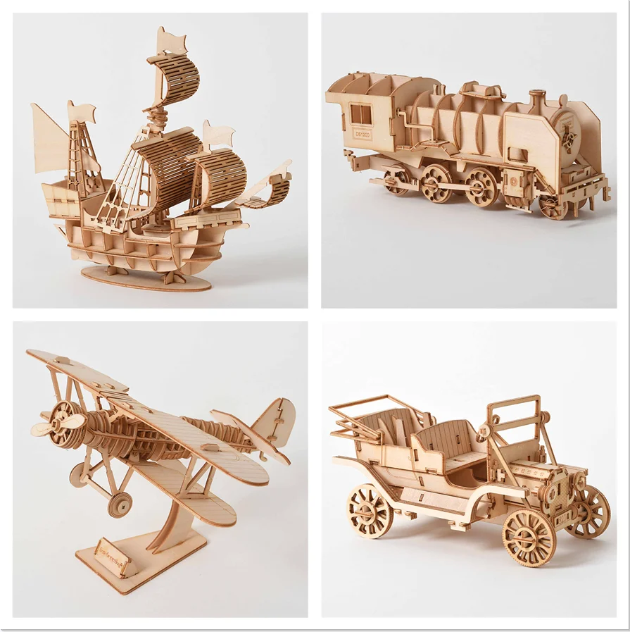 Steam Train Model 3D Wooden Puzzle Montessori toys Ship Aircraft Toy Assemble Model Building kit for Children Puzzle Toys