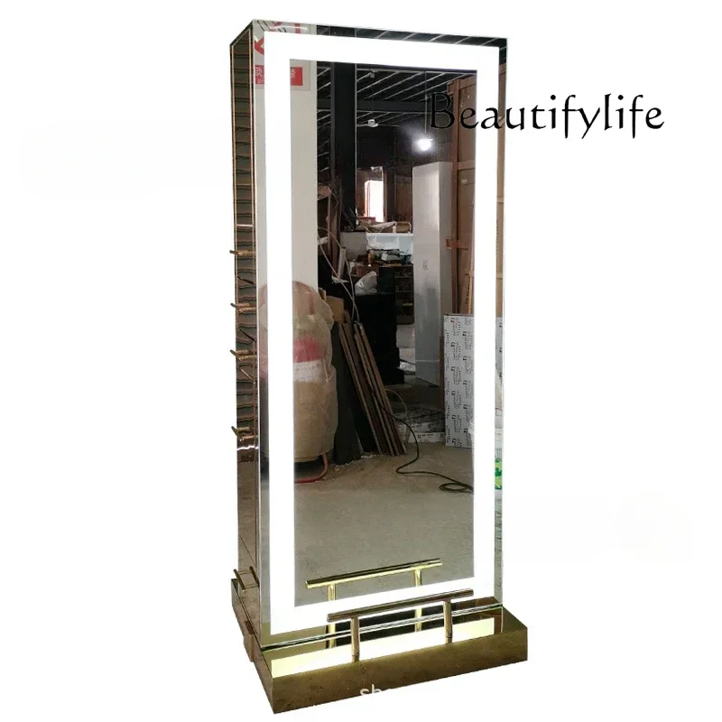 Hair Salon Dressing Table for Hair Salon Simple Barber Shop with Lamp Floor Mirror Double-Sided Hair Cutting Mirror