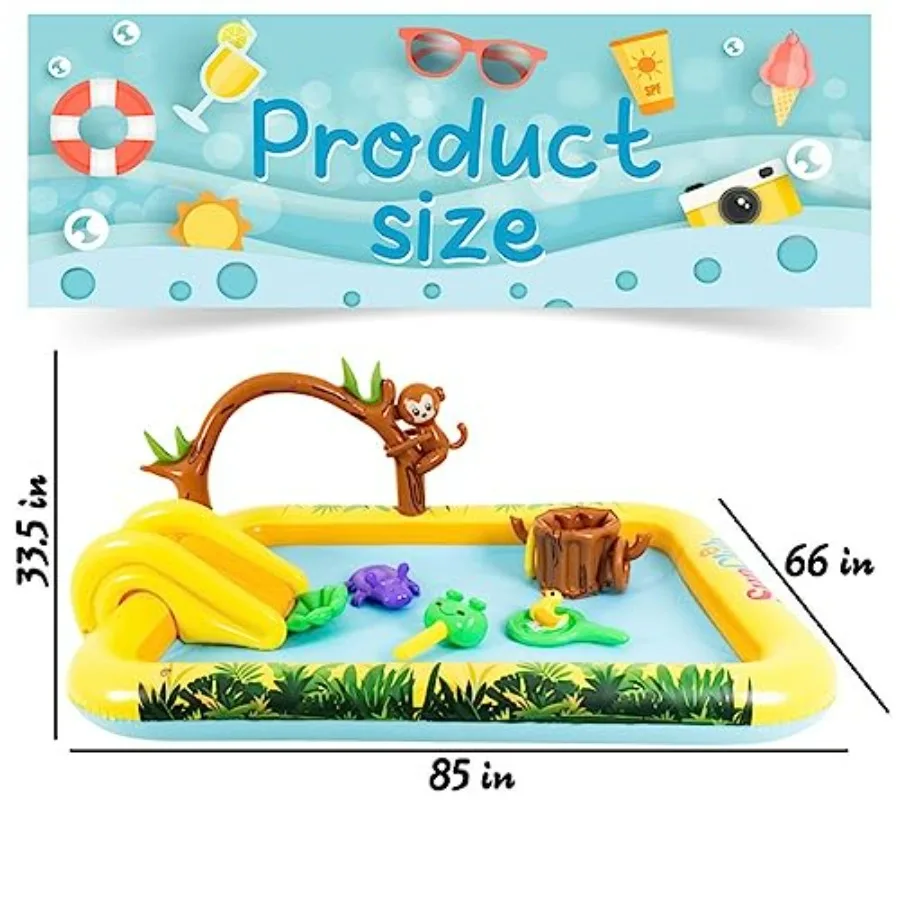 Inflatable Play Center for backyard garden use, PVC material, blue and yellow, includes slide, sprinkler, monkey and tree stump