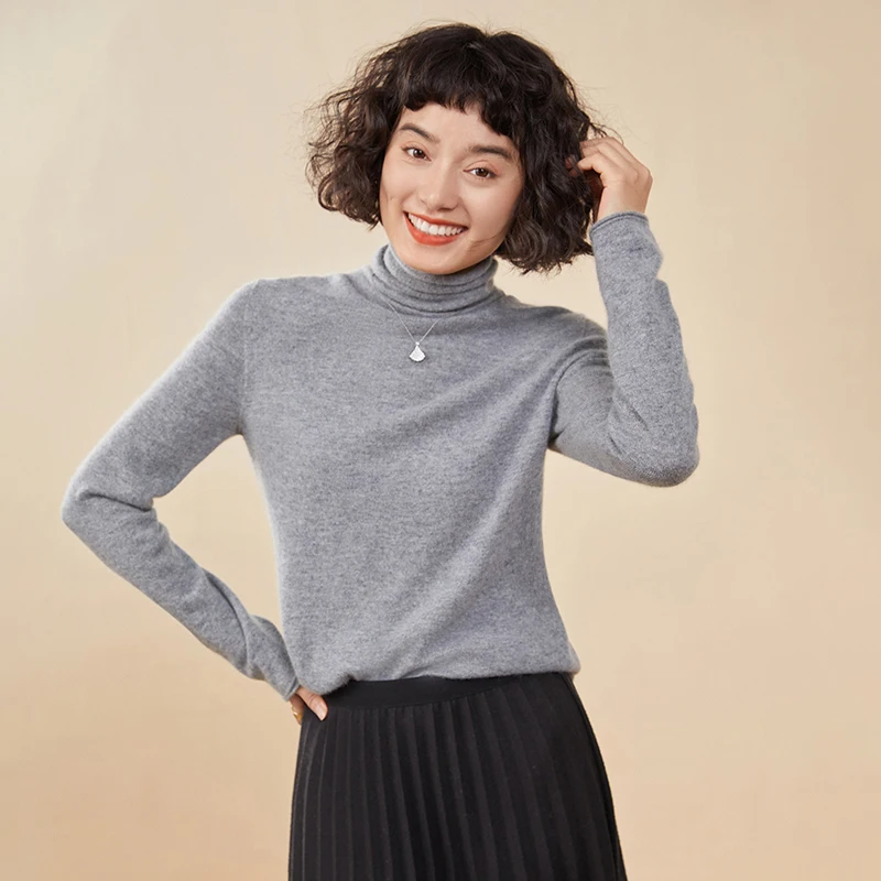 Women's pullover autumn/winter 100% cashmere sweater casual knitted sweater high collar loose Tops basic pile collar Blouse