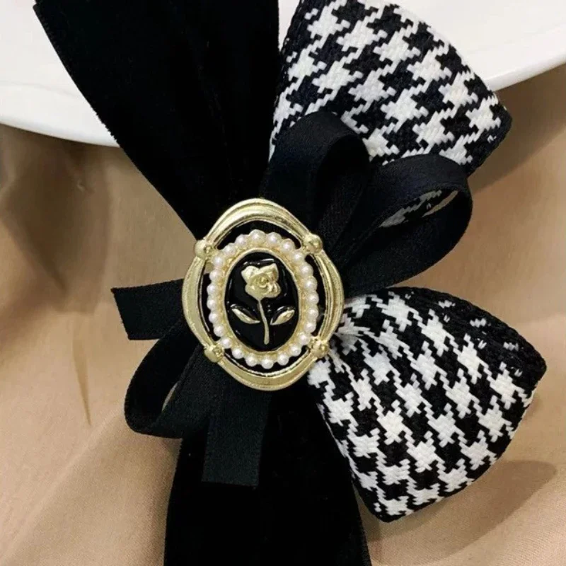 Korean Vintage Houndstooth Bow Banana Vertical  Hair Clip Butterfly Knot Flower Hairclip for Women Elegant Jewelry Accessories