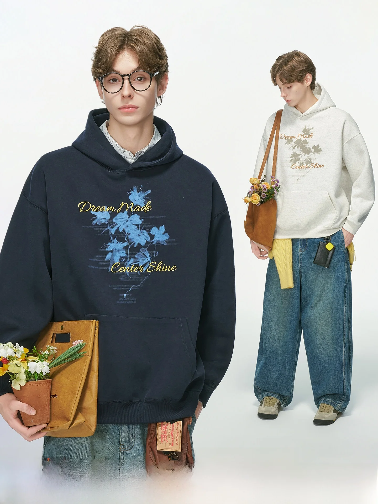 Dream Made American Style Unreal Ink Floral Hoodie Men's Heavyweight Autumn Jacket Loose Fit Long Sleeve Printed Sweatshirt