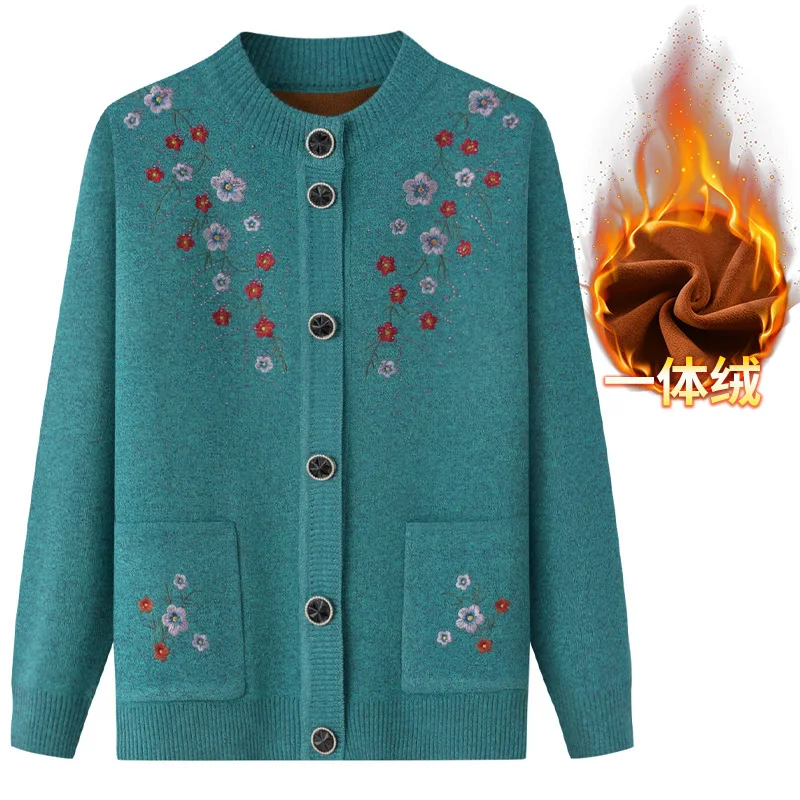 Suéteres de punto bordados para madre mayor, cárdigan grueso de terciopelo, XL-4XL, primavera, otoño, invierno