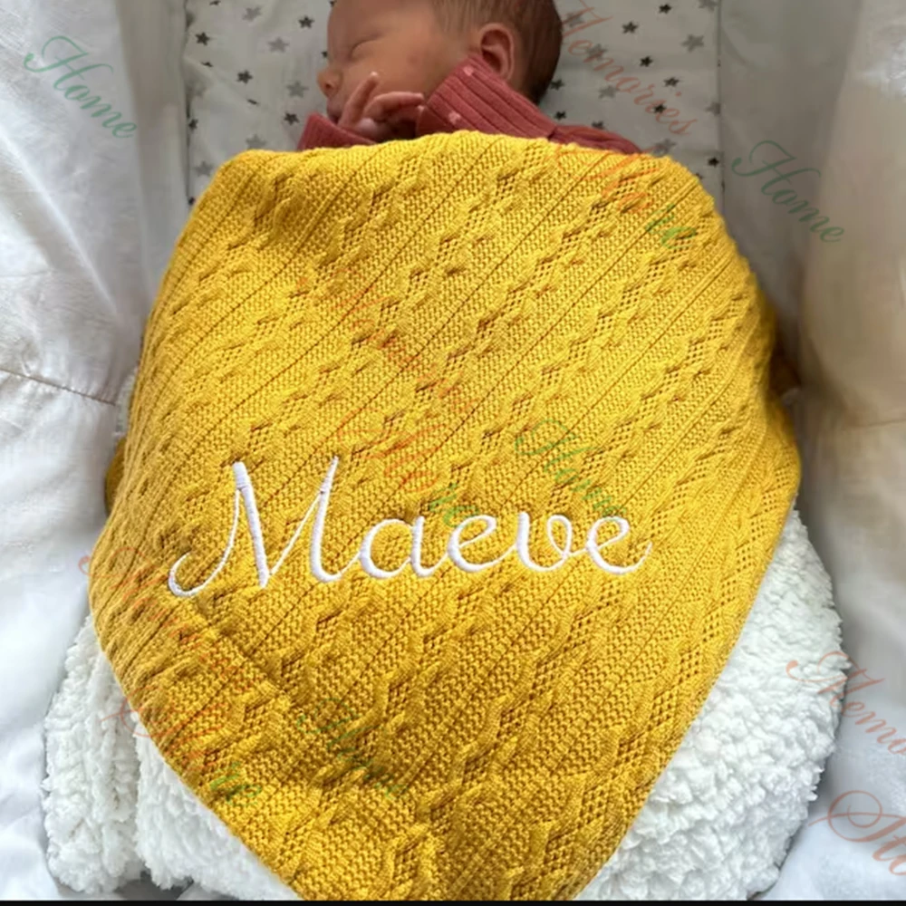 

Personalized Baby Knit Blanket Embroidered Name Pom Pom Infant Soft Blanket Newborn Baby Shower Party Gift Stroller Blankets