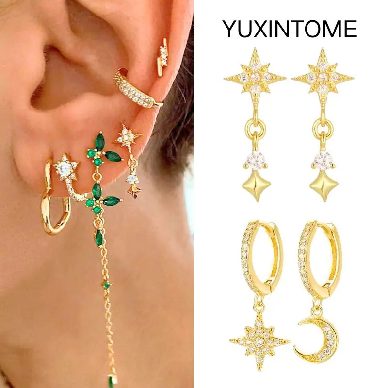 

925 Sterling Silver Needle Eight Pointed Star Chain Tassel Stud Earring Women's Exquisite Zircon Star Moon Earrings Fine Jewelry
