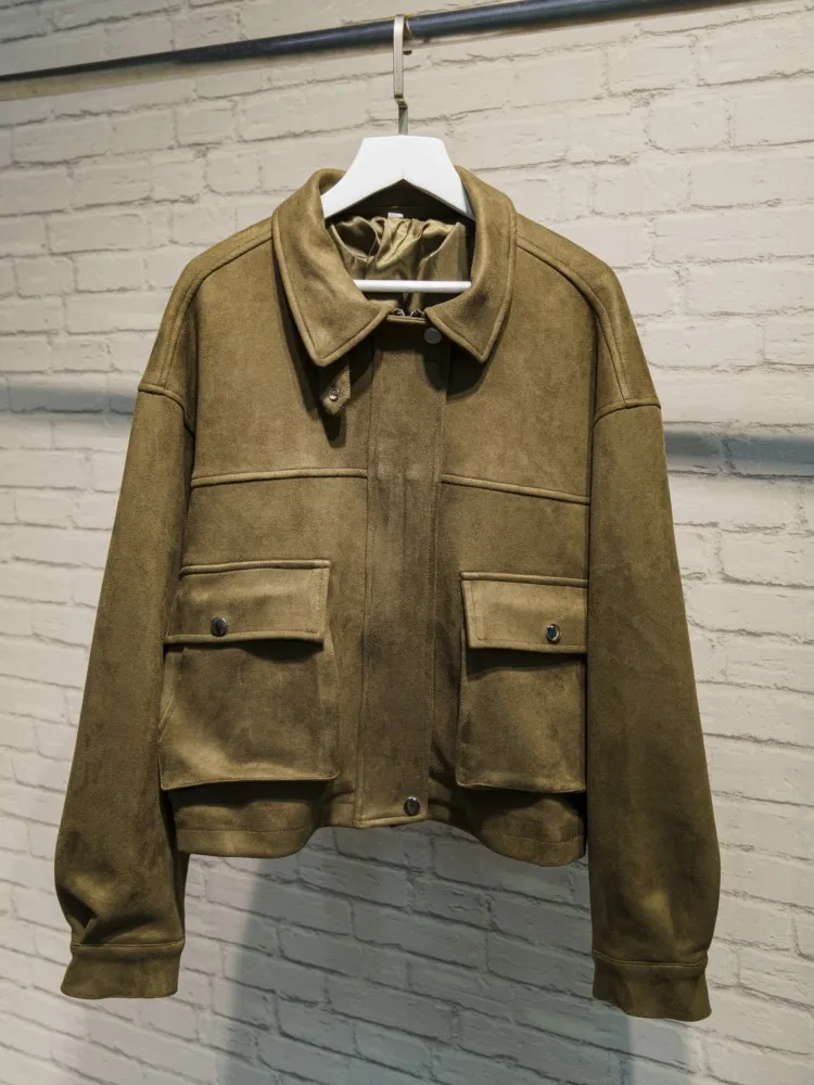 

Замшевые куртки-бомберы, женские винтажные повседневные свободные куртки-бомберы с отложным воротником на молнии и длинными рукавами с карманами, верхняя одежда, новинка 2025, осень-зима